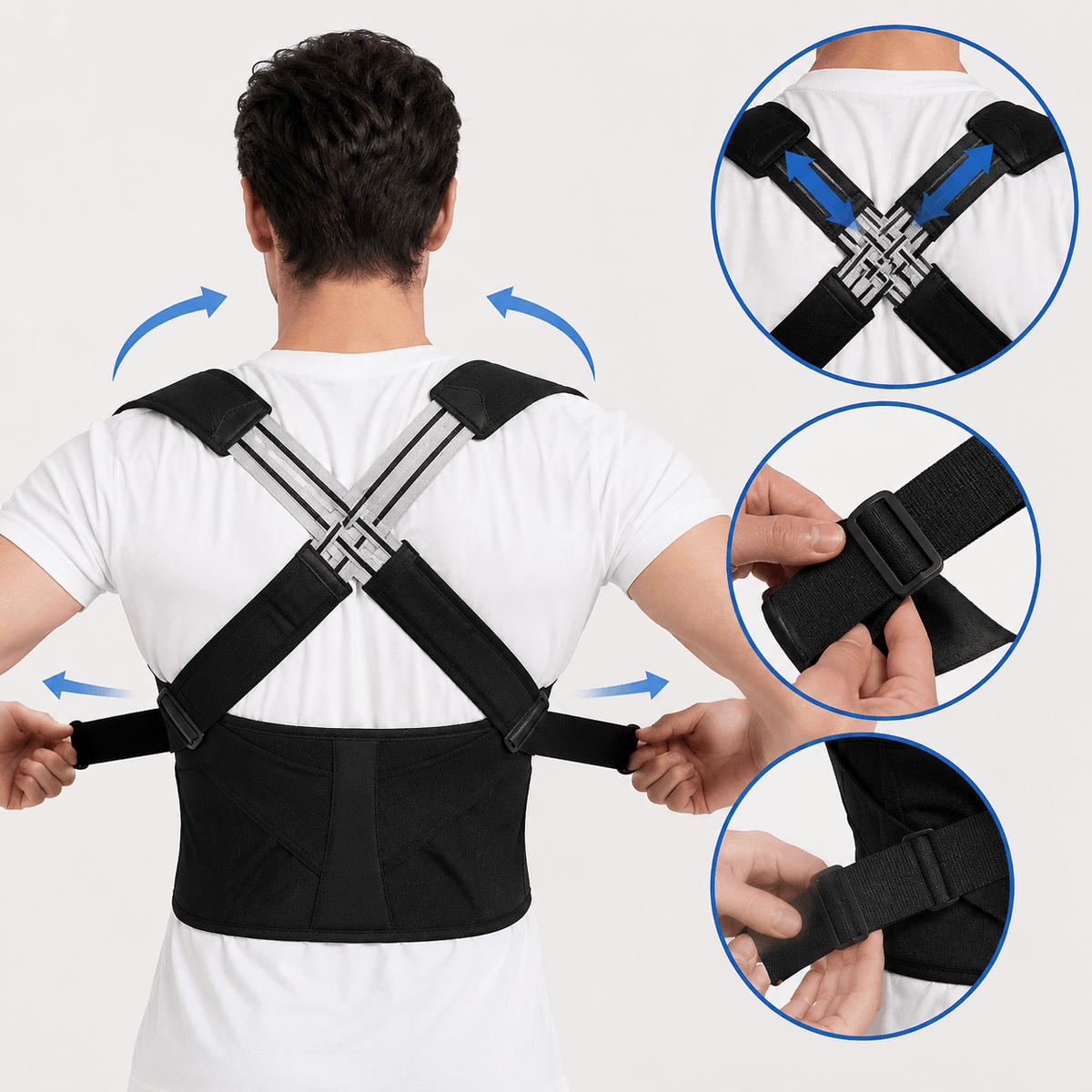 A man shown from the back wearing a black posture corrector brace with adjustable straps, with three circular inset close-ups highlighting the X-back design, buckle detail, and strap adjustment. Blue arrows indicate back and side support.
