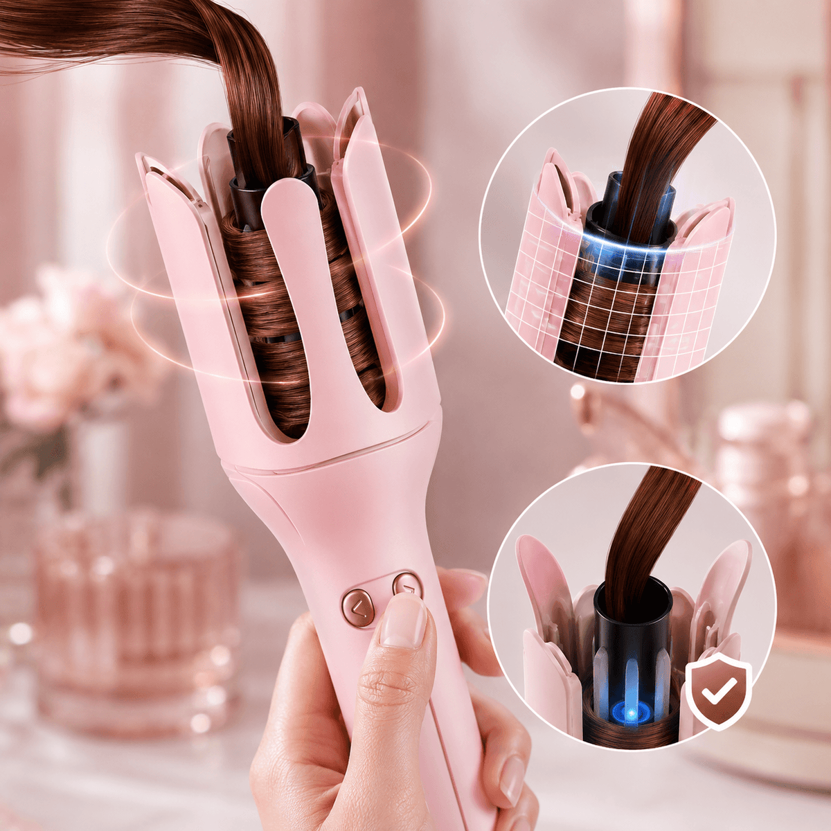 A pink automatic hair curler held by a hand, shown with hair being wrapped around the rollers. Two circular inset diagrams on the right show close-up details of the curling process and a secured curl.