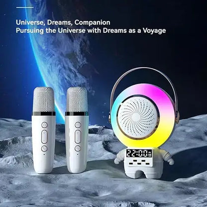 Two microphones and a colorful lamp on a moon surface with Earth in the background, text 'Universe, Dreams, Companion'. Astro Speaker