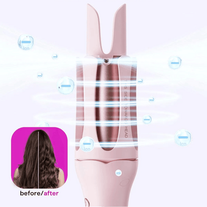 Hair straightener with negative ion technology on a pink background. automatic curling iron for salon-quality curls