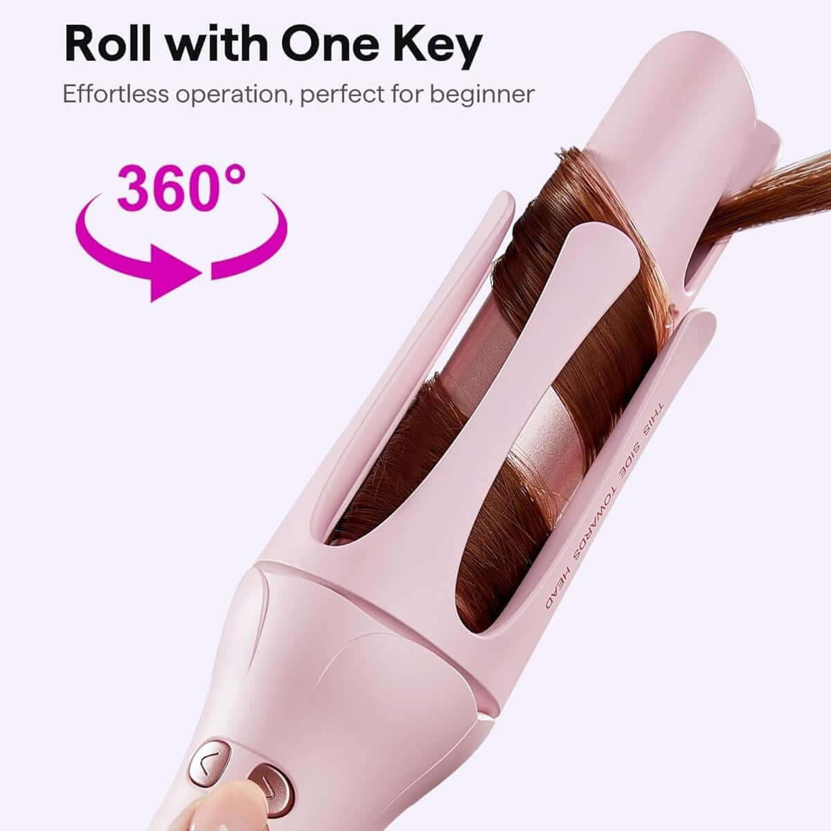 Pink hair curling iron with 360-degree rotation feature on a white background. automatic curling iron for salon-quality curls