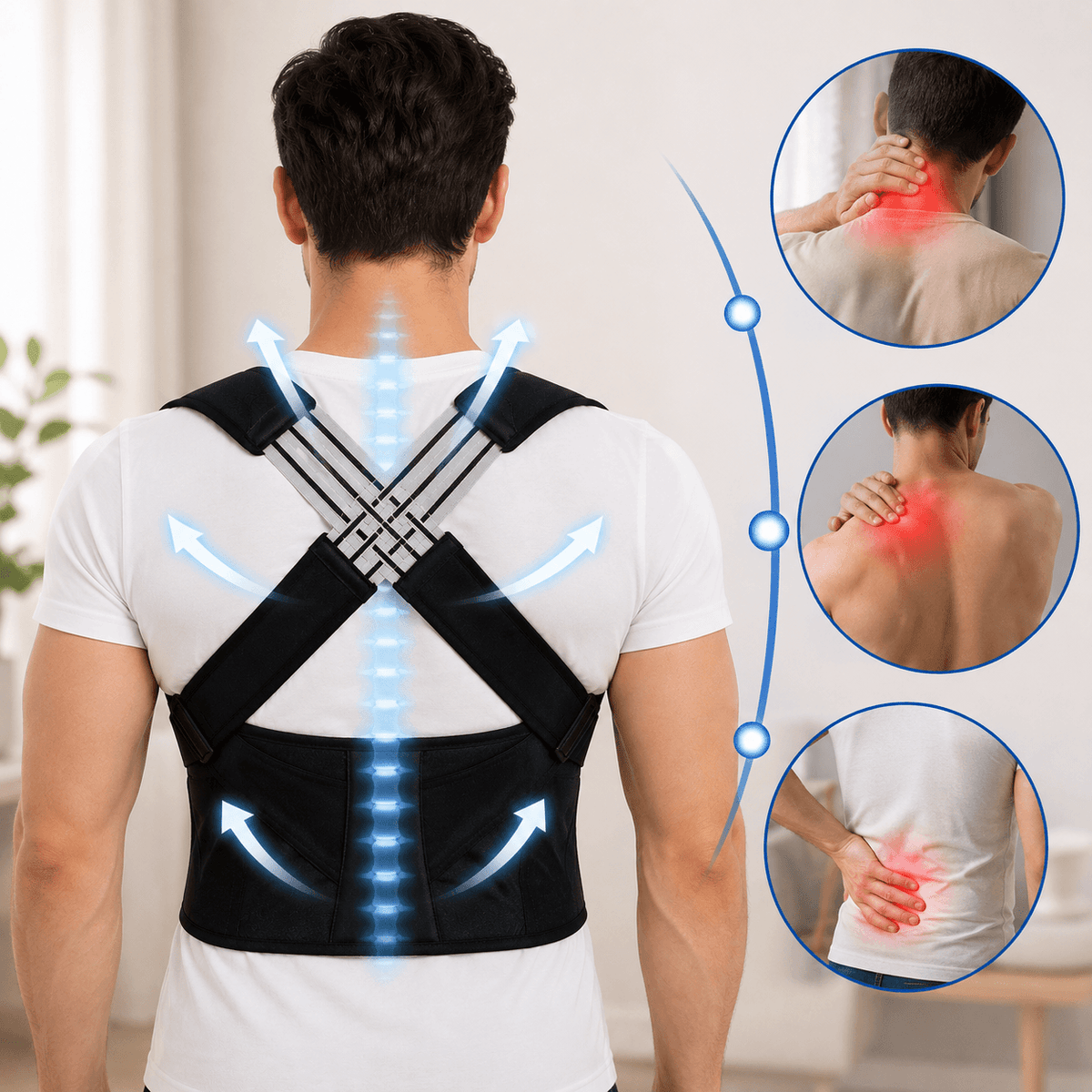A man shown from the back wearing a black posture corrector brace with gray adjustable straps. The image includes blue arrows showing back alignment support and three circular inset photos on the right showing neck, shoulder, and lower back pain relief.