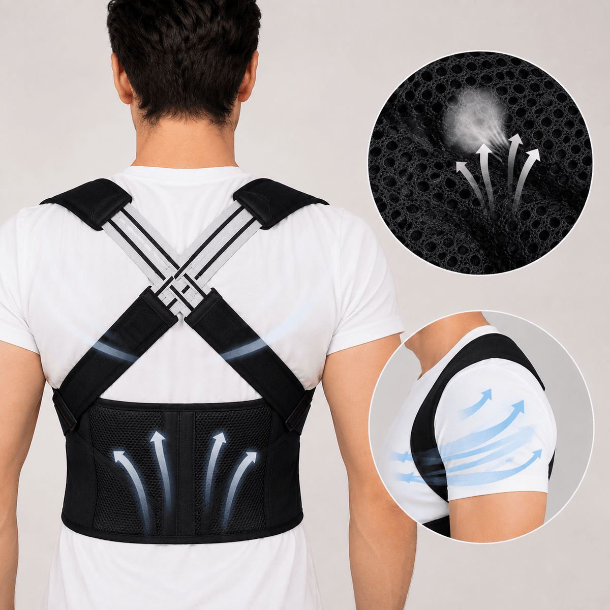 A man shown from the back wearing a black posture corrector brace with white and gray straps. Two circular inset graphics on the right show close-up details of the breathable mesh and airflow arrows on the back and shoulder.
