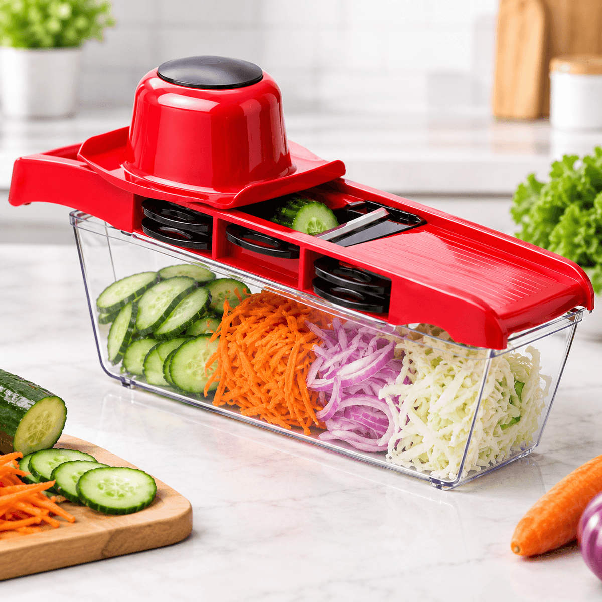 A red manual vegetable chopper with a clear container holding sliced cucumbers, shredded carrots, red onion, and cabbage, shown on a kitchen countertop with vegetables nearby.mandoline vegetable slicer and cutter