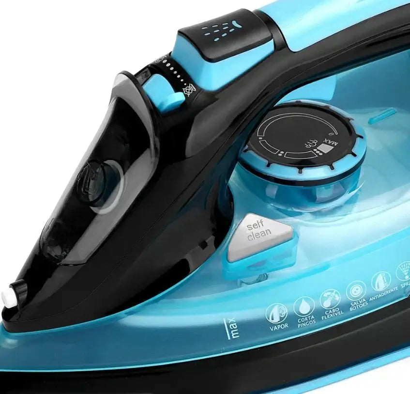 Blue and black iron with self-clean button on a white background