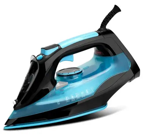 Black and blue steam iron on a white background