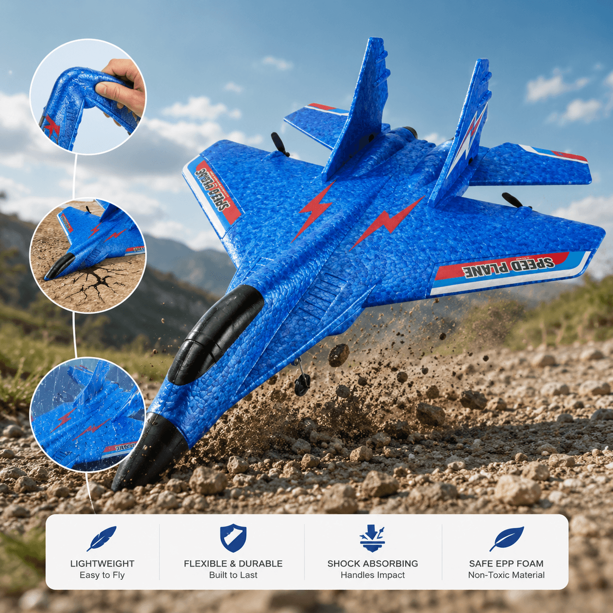 Blue foam toy fighter plane shown outdoors on dirt with a sky background, plus four circular inset close-ups highlighting the plane's flexibility and impact resistance, and a feature banner at the bottom listing lightweight, flexible & durable, shock absorbing, and safe EPP foam.