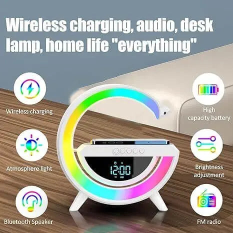 This wireless charger speaker with lamp shows its features like wireless charging, atmosphere light, and Bluetooth speaker.Digital LED Wireless Charger Speaker,Front view of the wireless charger lamp with features like Bluetooth speaker and atmosphere light highlighted.