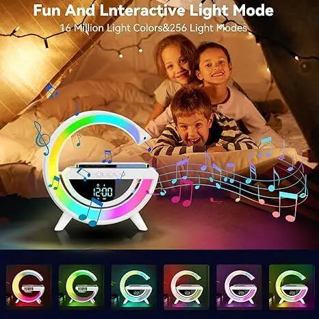 This wireless charger speaker with lamp shows its features like wireless charging, atmosphere light, and Bluetooth speaker.Digital LED Wireless Charger Speaker,Front view of the wireless charger lamp with features like Bluetooth speaker and atmosphere light highlighted.