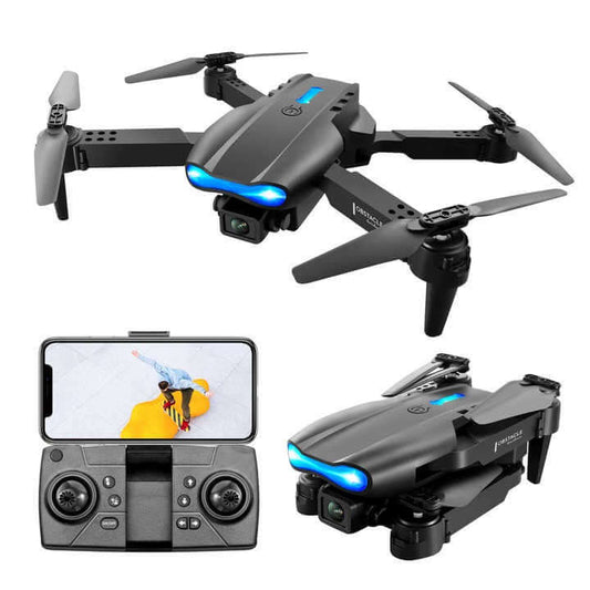 Black drone with propellers, remote control, and smartphone display on a white background