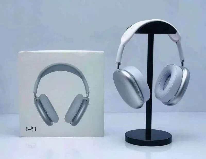 Silver headphones on a stand next to their packaging box on a light gray background. EchoWave P9 Wireless Headphones