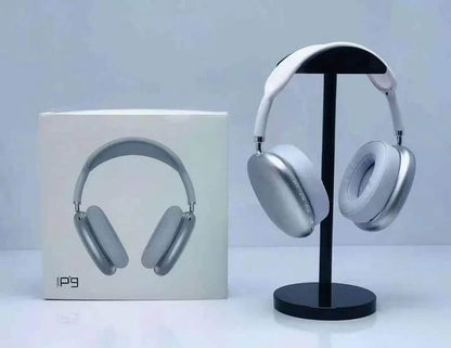 Silver headphones on a stand next to their packaging box on a light gray background. EchoWave P9 Wireless Headphones