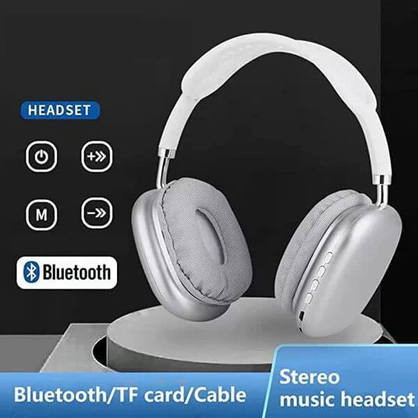 Silver Bluetooth headphones on a black background with control icons and 'Bluetooth' logo. EchoWave P9 Wireless Headphones