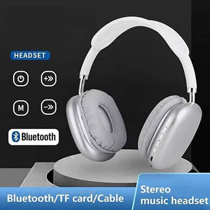 Silver Bluetooth headphones on a black background with control icons and 'Bluetooth' logo. EchoWave P9 Wireless Headphones