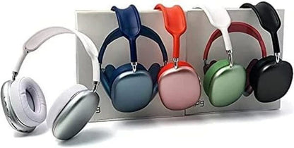 Set of colorful headphones displayed on a stand with a white background. EchoWave P9 Wireless Headphones