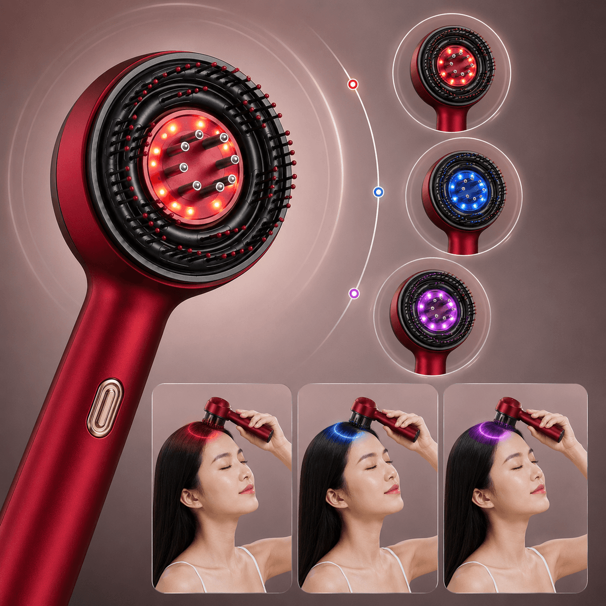 A red handheld facial cleansing brush with multiple circular head modes shown in close-up, alongside three inset photos of a woman using the device on her face. The image is set against a soft pinkish-brown gradient background with glowing light effects.