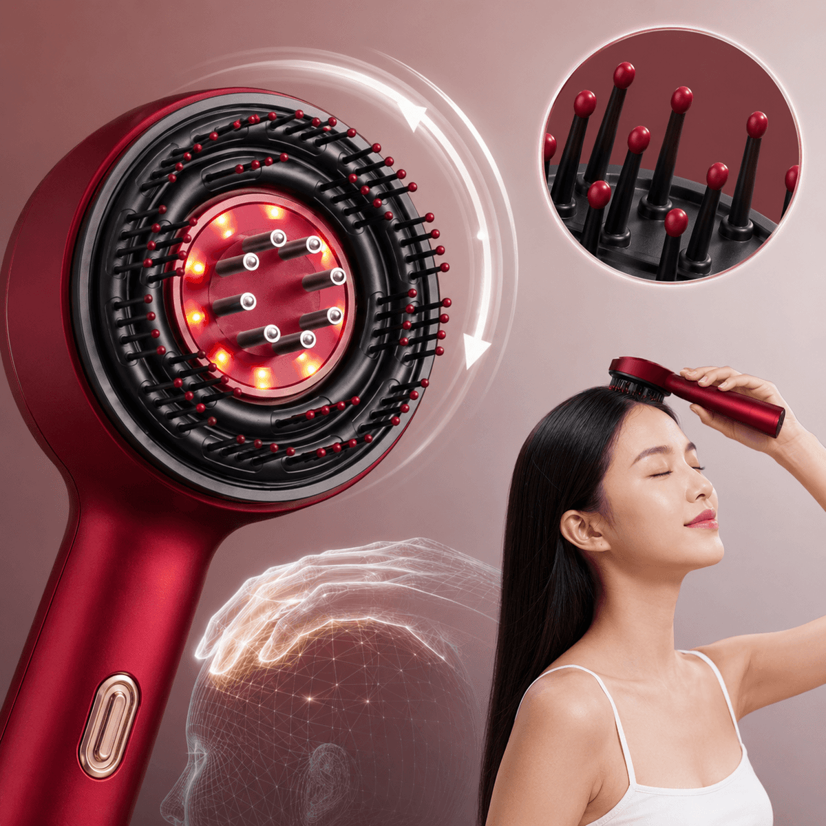 A red and black hair care brush with glowing LED light elements, shown alongside a woman using it on her hair, with an inset close-up of the bristles and motion arrows indicating use.