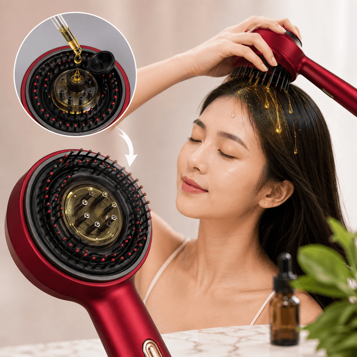 A woman uses a red hair dryer with a wide bristle brush attachment to style her hair, with a circular inset showing the hair dryer head close-up and oil being dispensed onto the bristles.