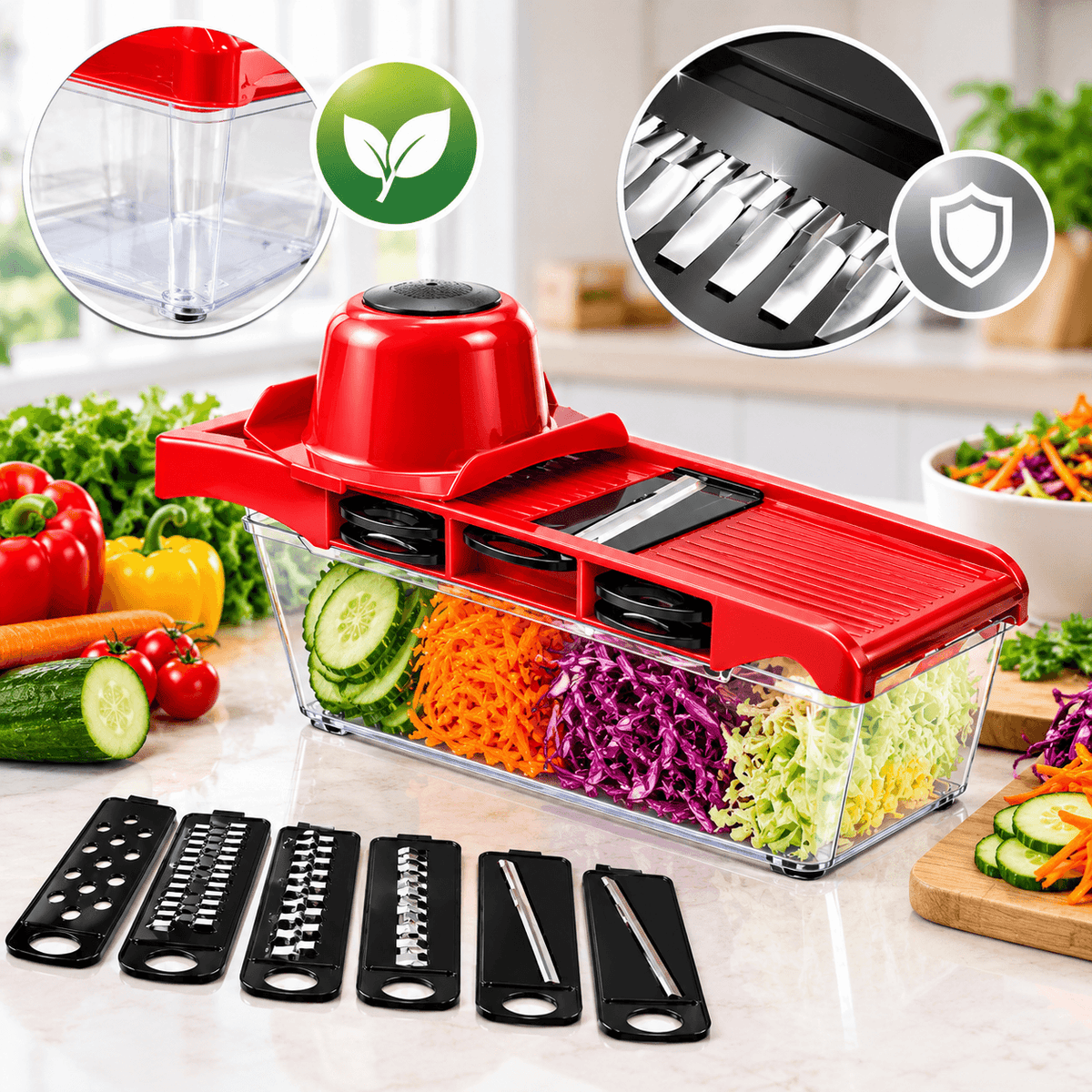 A red and clear plastic vegetable chopper slicer with multiple black blade attachments, shown on a kitchen counter with chopped vegetables and circular feature callout graphics.mandoline vegetable slicer and cutter