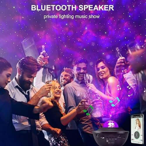 Bluetooh speaker with people celebrating at a party in the background