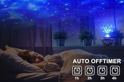 Person lying in bed under a starry night sky projection in a bedroom setting with an auto offtimer feature displayed.