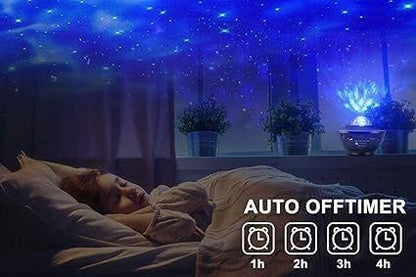 Person lying in bed under a starry night sky projection in a bedroom setting with an auto offtimer feature displayed.