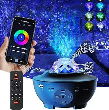 Ocean wave projector with smartphone control and remote, displaying colorful light show.
