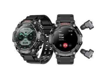 Black smartwatch with a separate heart rate monitor on a white background