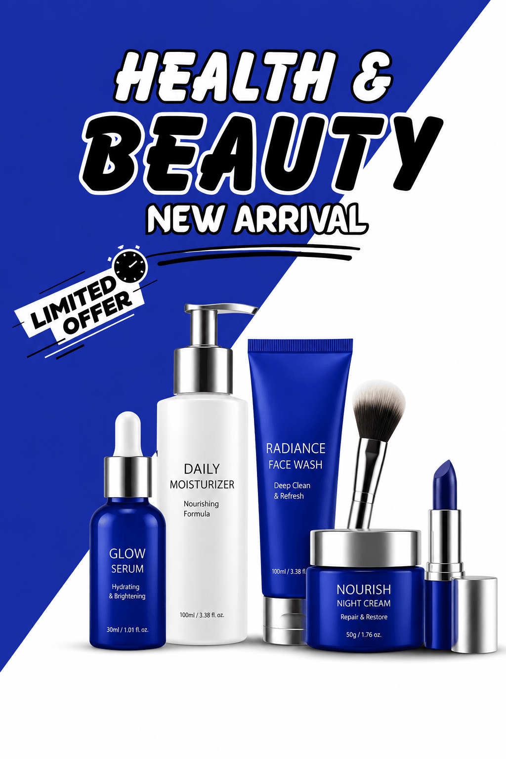 A promotional collage for a health and beauty new arrival set, featuring several skincare and makeup products against a blue and white background with bold text reading 'HEALTH & BEAUTY NEW ARRIVAL' and a 'LIMITED OFFER' badge.