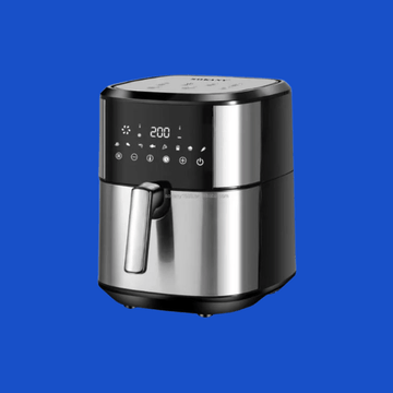 A digital air fryer with a brushed stainless steel body and a black control panel, shown against a solid blue background.