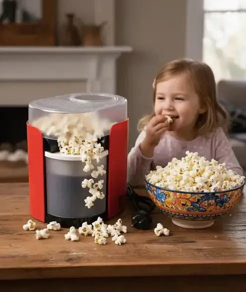 Child eating popcorn next to a red and gray popcorn maker on a wooden table.