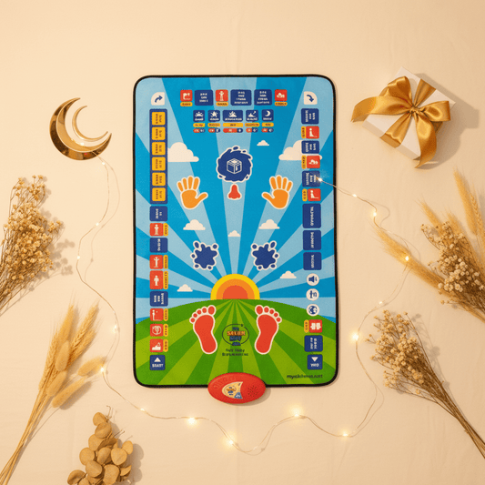 Islamic Educational Prayer Mat for Kids – Eid gift flat lay with crescent moon decor and golden styling. interactive Islamic prayer mat for kids