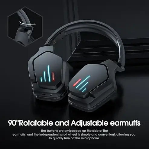 Black gaming headset with adjustable and rotatable earmuffs on a dark background