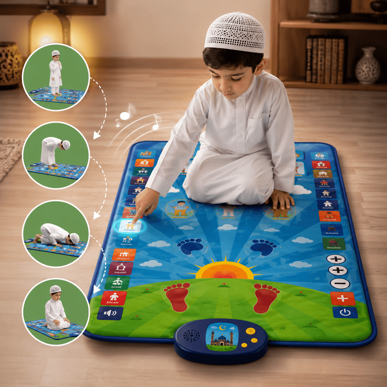 A young boy in white traditional clothing and a white skullcap sits on a colorful interactive prayer mat in a warmly lit room. The mat has a blue sky and grass design with printed prayer pose icons, a sun, footprint graphics, and a small control panel attached at the bottom.