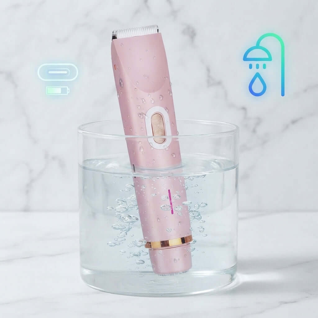 A pink handheld electric trimmer with water droplets on its surface, standing upright inside a clear glass cup filled with water. The background is a light marble surface and wall, with glowing blue icons on the left and right indicating battery and shower/waterproof features.