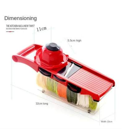 Red mandoline slicer with dimensions labeled on a white background. Mandoline Vegetable Slicer and cutter