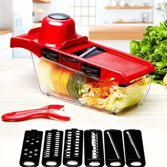 Red vegetable slicer with clear container filled with sliced vegetables on a kitchen counter. Mandoline Vegetable Slicer and cutter