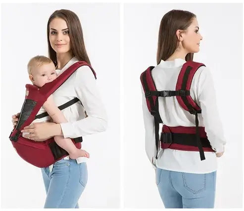 Woman using a red baby carrier on a white background