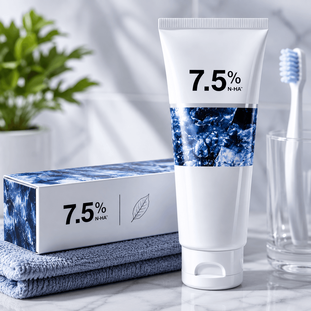 A white tube of toothpaste with a blue graphic band and the text '7.5% N-HA' stands on top of its matching box, with a folded blue towel and a toothbrush in a glass nearby on a marble surface.