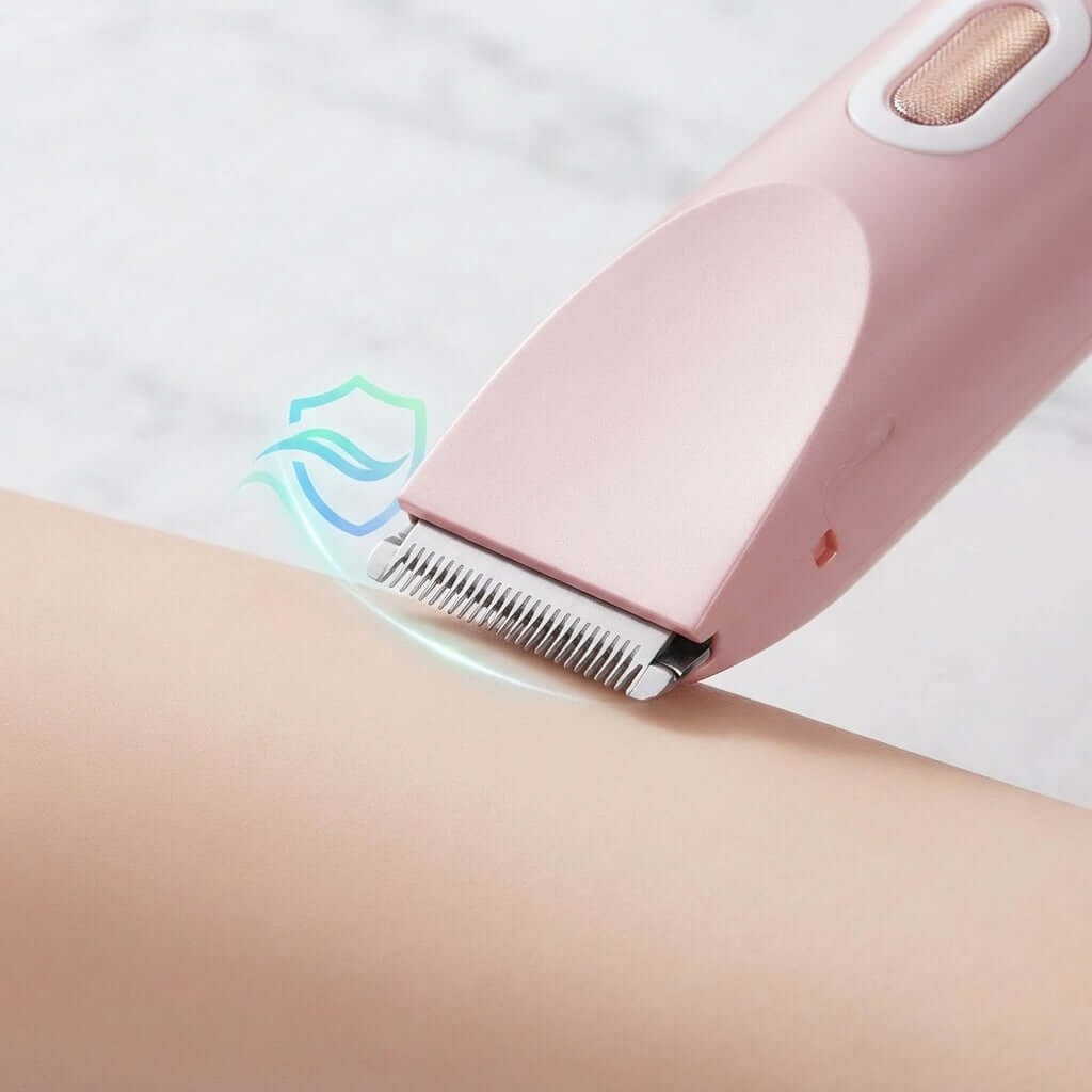 A close-up of a pink electric hair trimmer being used on a person's arm, with a small glowing graphic near the blade area. The background is a light marble surface.