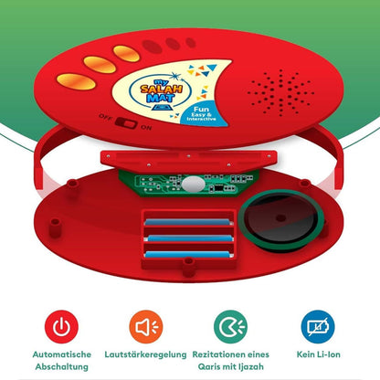 Red electronic device with colorful buttons and text on a green and white background. Interactive Islamic prayer mat for kids
