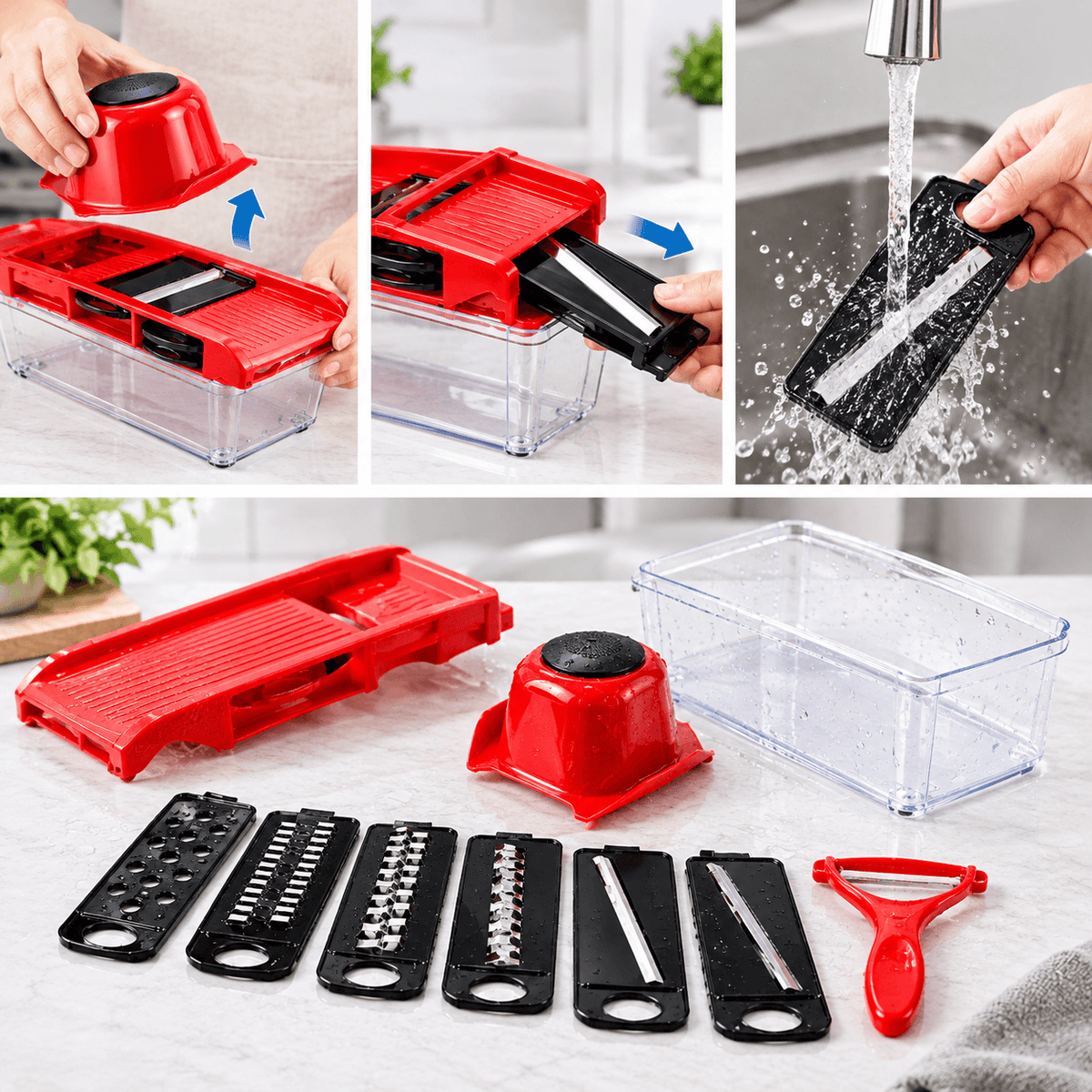 A multi-piece kitchen slicer and dicer set shown in a collage: hands demonstrate pressing a red top lid, sliding a black blade through food, rinsing a clear container under running water, and the loose components arranged on a countertop including four black slicing blades, a red peeler, and a clear container.mandoline vegetable slicer and cutter