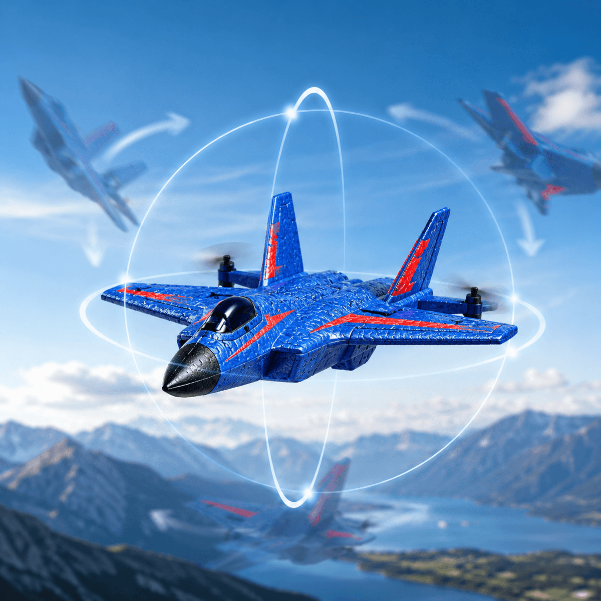 A blue and red toy fighter jet drone with black propellers, shown flying over a mountainous landscape with digital orbit graphics and blurred reflections in the sky.