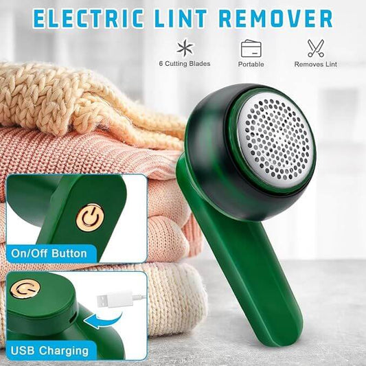 Green electric lint remover with features highlighted on a background of folded clothes.