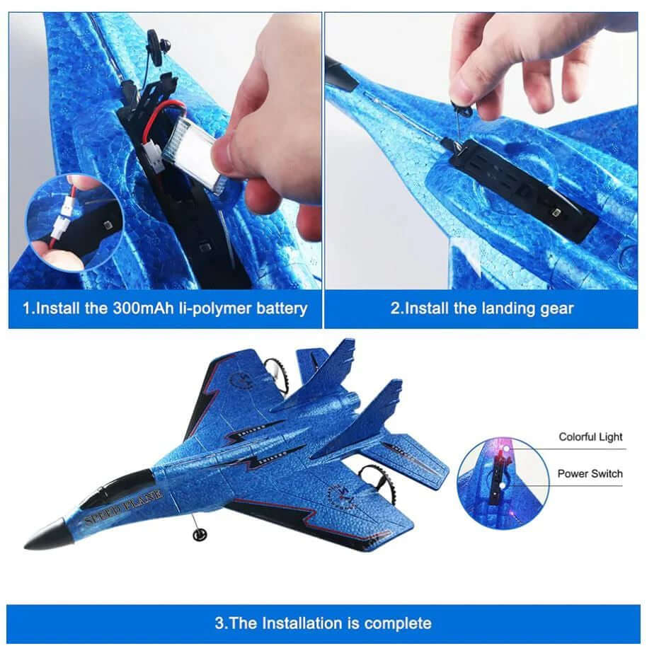 Step-by-step guide on assembling a blue toy airplane with installation of battery and landing gear.. RC fighter jet remote control airplane