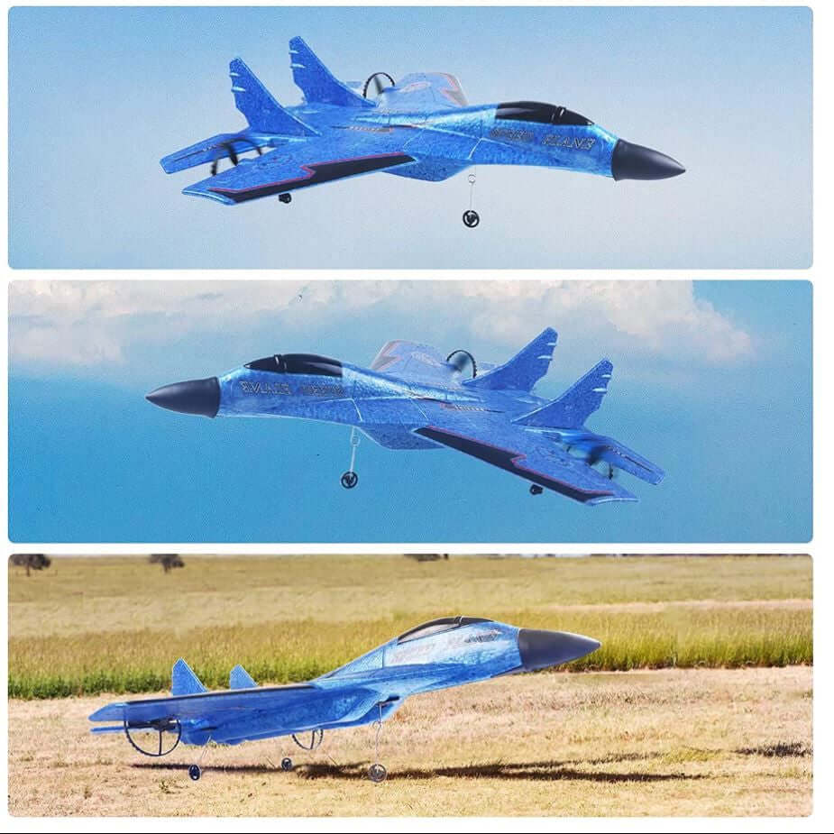 Blue toy jet model in flight, on a grassy field, and against a blue sky.RC fighter jet remote control airplane