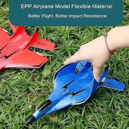 Blue airplane model held by a hand on grass with red airplane model in the background. RC fighter jet remote control airplane