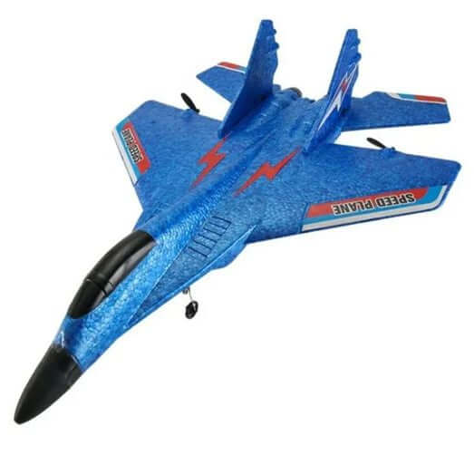 Blue toy jet with red accents on a white background. RC fighter jet remote control airplane