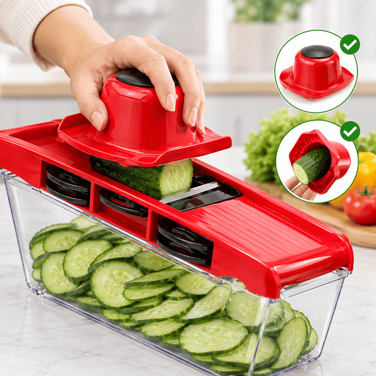 A red manual vegetable slicer with a clear container holding sliced cucumbers, shown with a hand pressing down the lid. Two circular inset diagrams on the right demonstrate the lid's secure fit and the cucumber being sliced.mandoline vegetable slicer and cutter