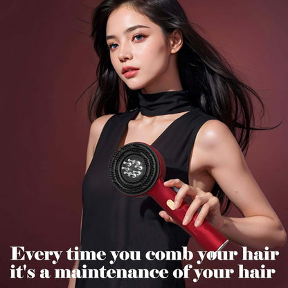 Woman holding a hair dryer with text on a brown background. scalp massager for relaxation